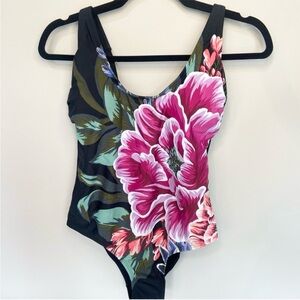 Kona Sol Black Floral Print One Piece Swimsuit, Size Medium NEW with Tags